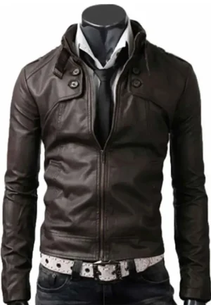 mens belted buckle collar dark brown leather jacket