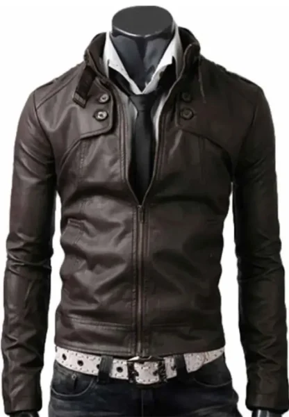 mens belted buckle collar dark brown leather jacket