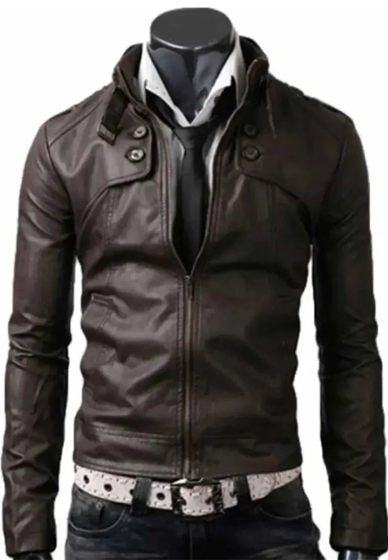 mens belted buckle collar dark brown leather jacket
