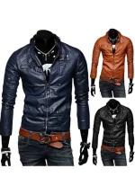 mens casual slim fit leather jacket