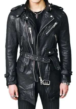 mid length black leather coat