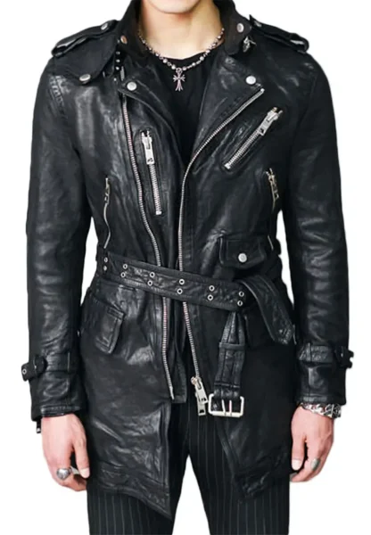 mid length black leather coat