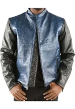 pelle pelle china collar blue leather jacket