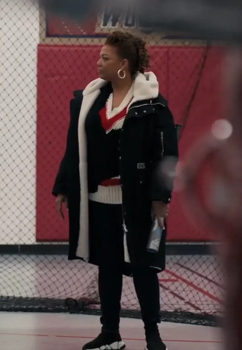 queen latifah black shearling coat