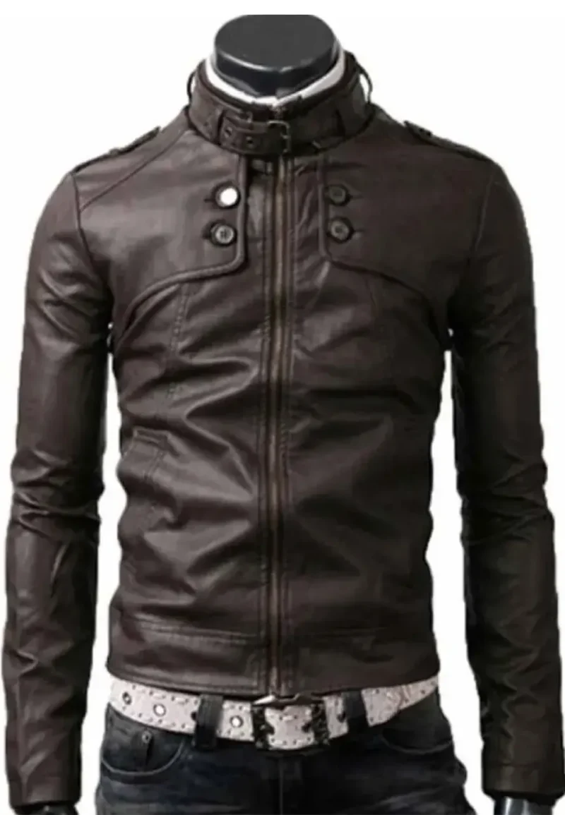 slim fit brown leather jacket