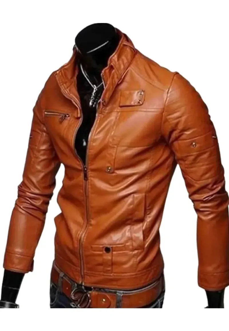 slim fit brown leather jacket