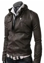 slim fit dark brown leather jacket