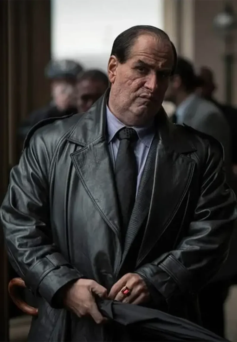 the penguin black leather trench coat