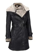 womens belted black leather shearling coat