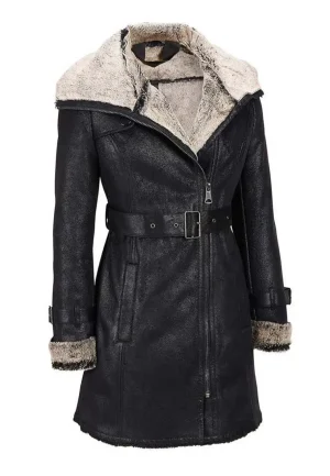 womens belted black leather shearling coat