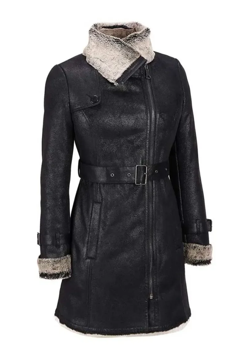 womens black leather shearling coat