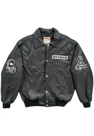 black leather varsity jacket