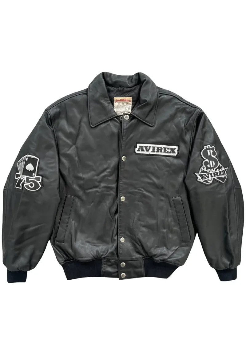 black leather varsity jacket