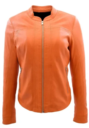 band collar leather jacket