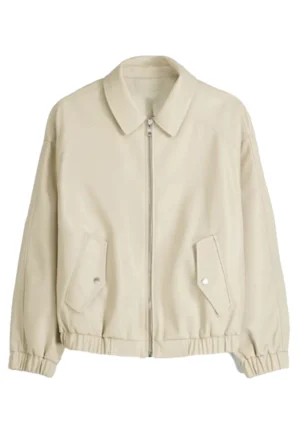 beige bomber leather jacket