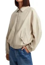 beige faux leather bomber jacket