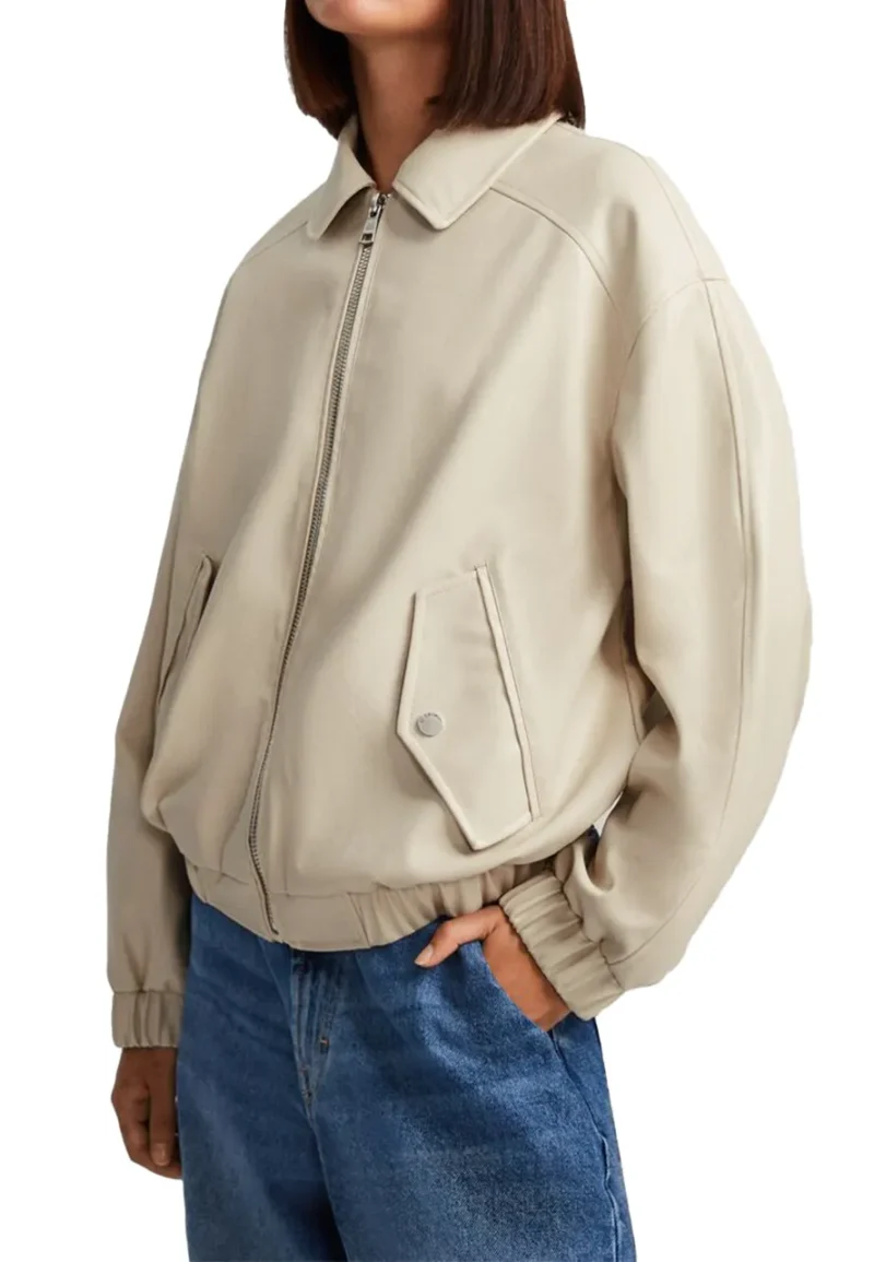 beige faux leather bomber jacket