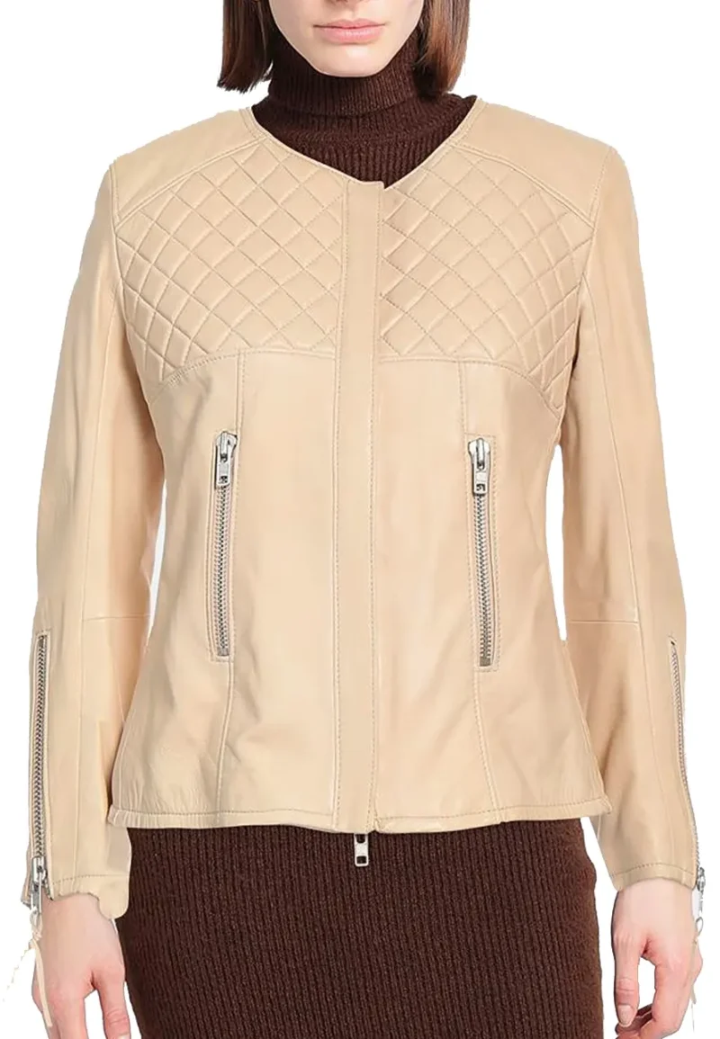 beige leather biker jacket women
