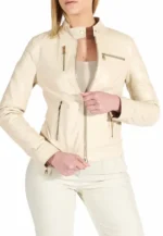 cream faux leather biker jacket