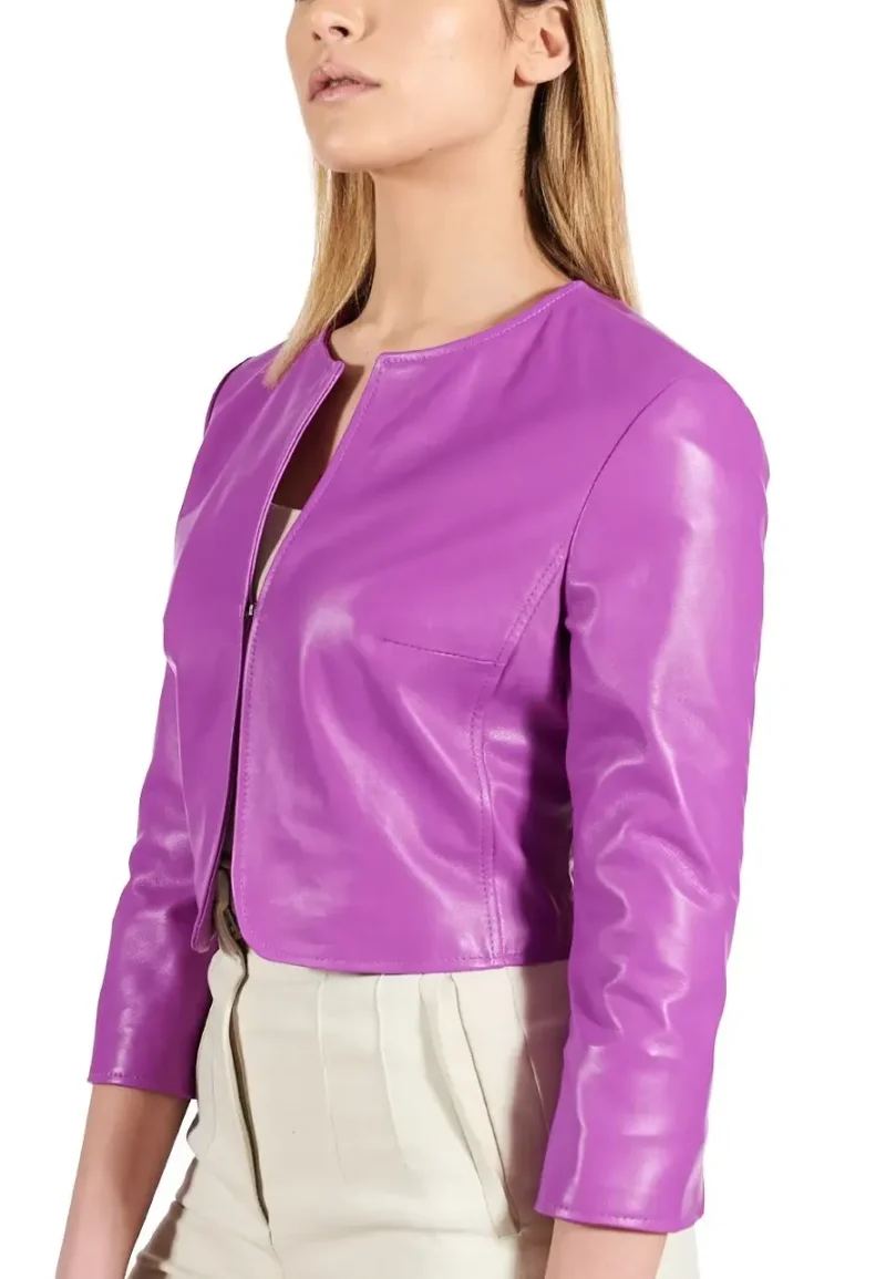dark purple short leather jacket