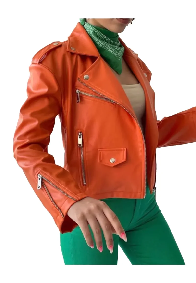 orange leather biker jacket