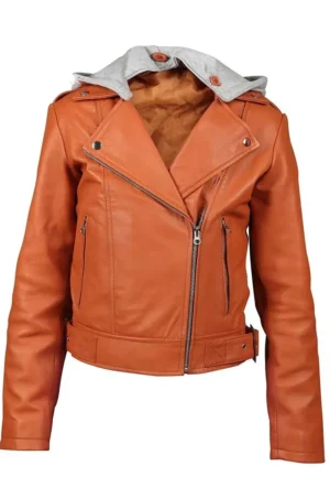 orange leather jacket with hood