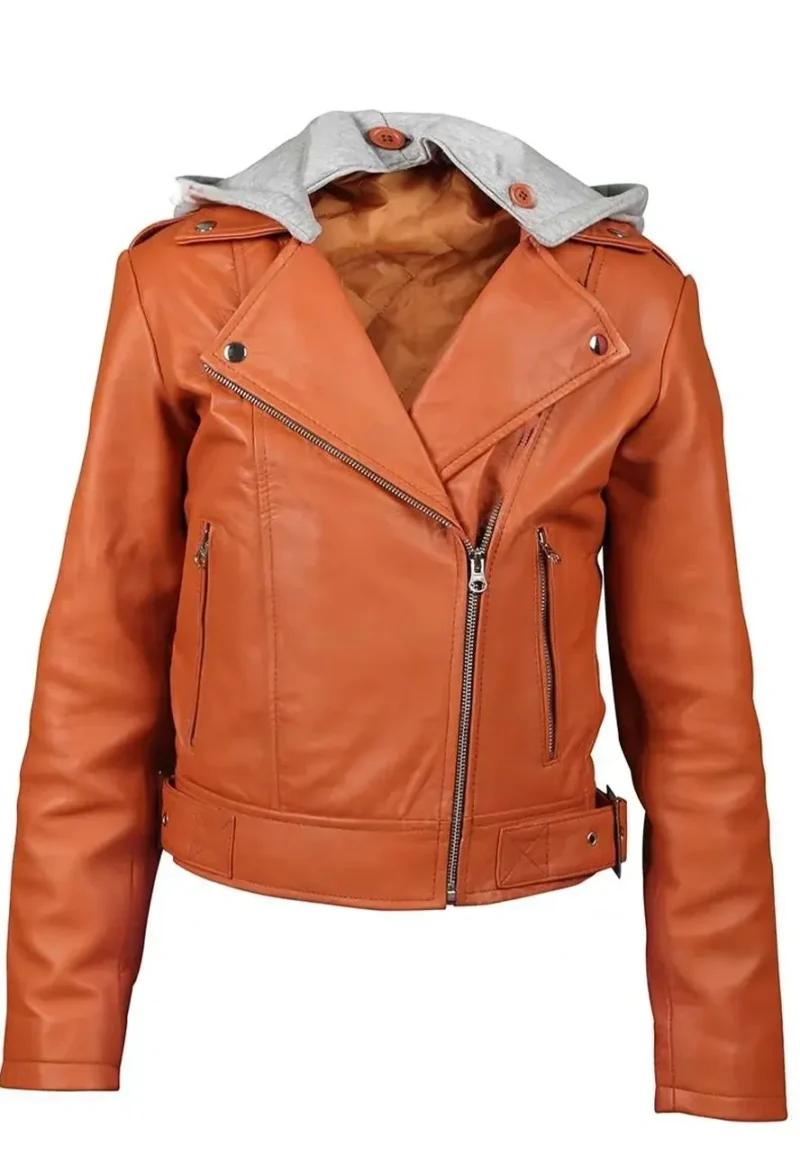 orange leather jacket with hood