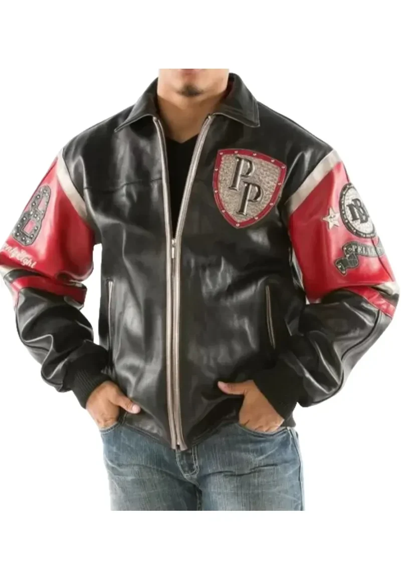 pelle pelle black red encrusted studded leather jacket