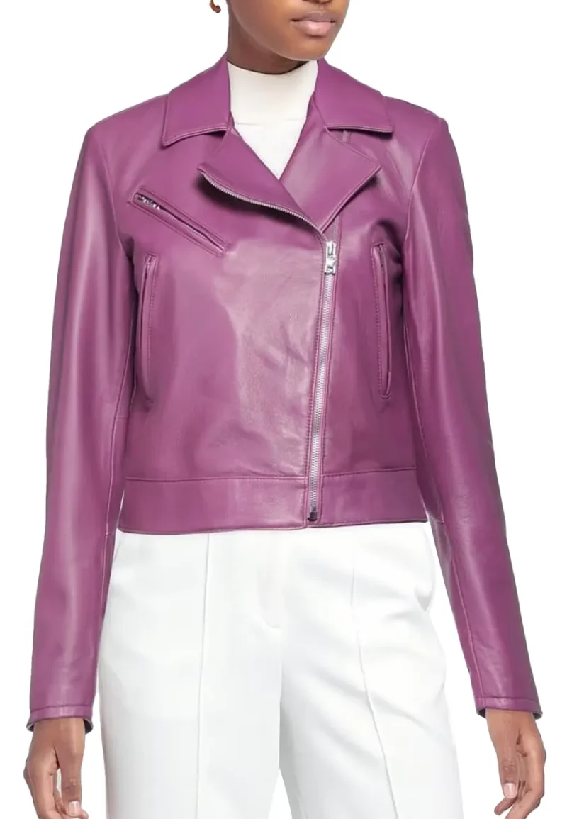 purple leather moto jacket