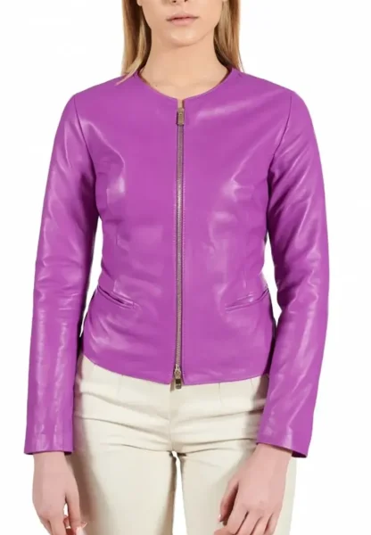 round collar leather jacket