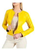 collarless biker leather jacket