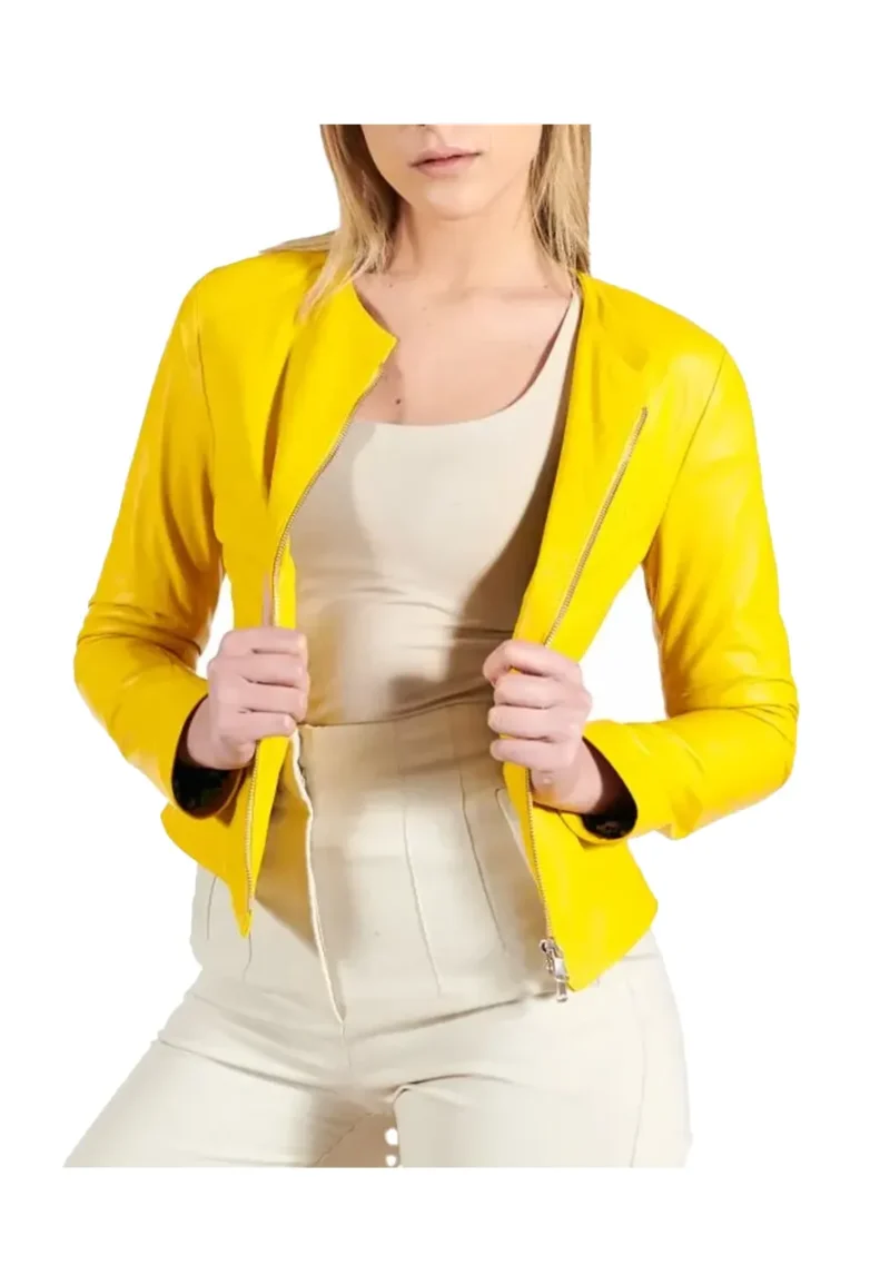 collarless faux leather biker jacket