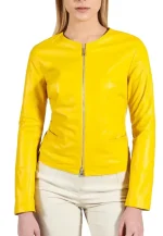 collarless leather biker jacket