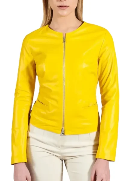 collarless leather biker jacket
