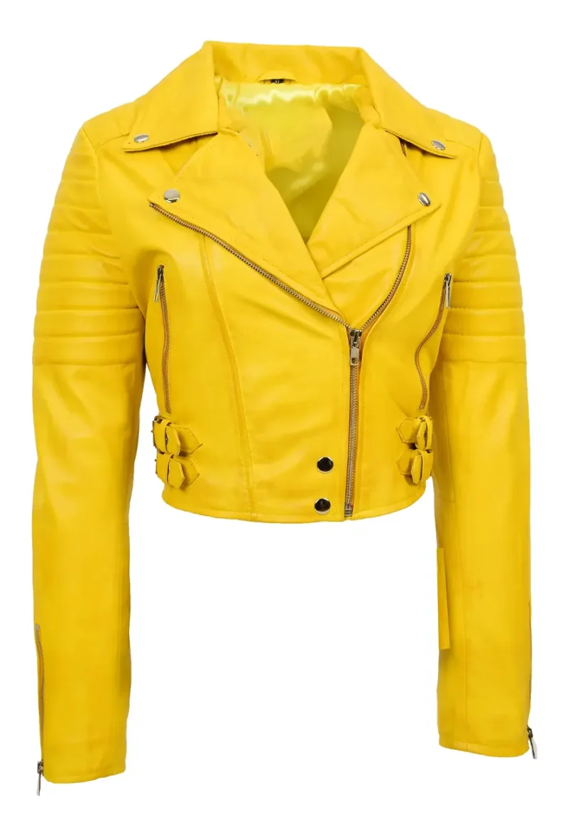 cropped yellow leather jacket