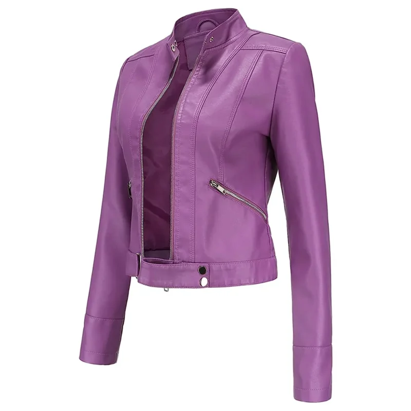 dark purple short leather jacket