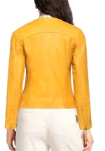 round collar leather jacket