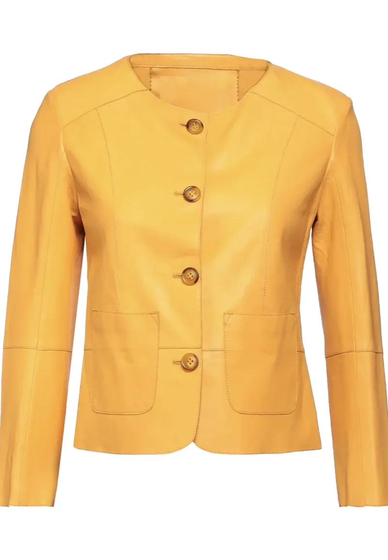 round collar leather jacket