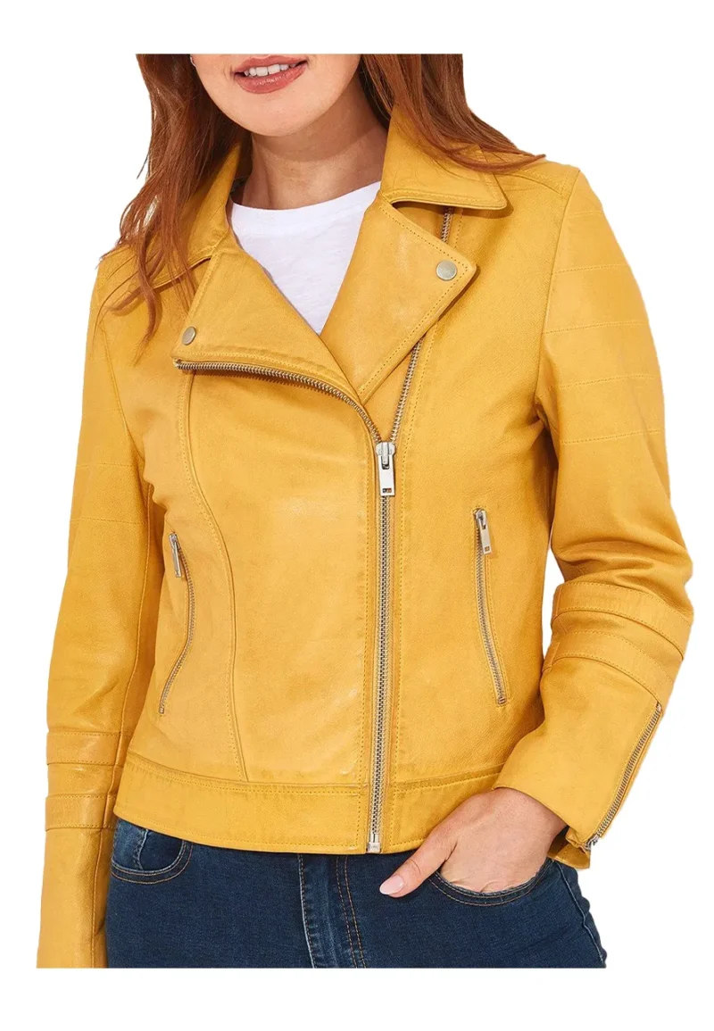 yellow leather biker jacket