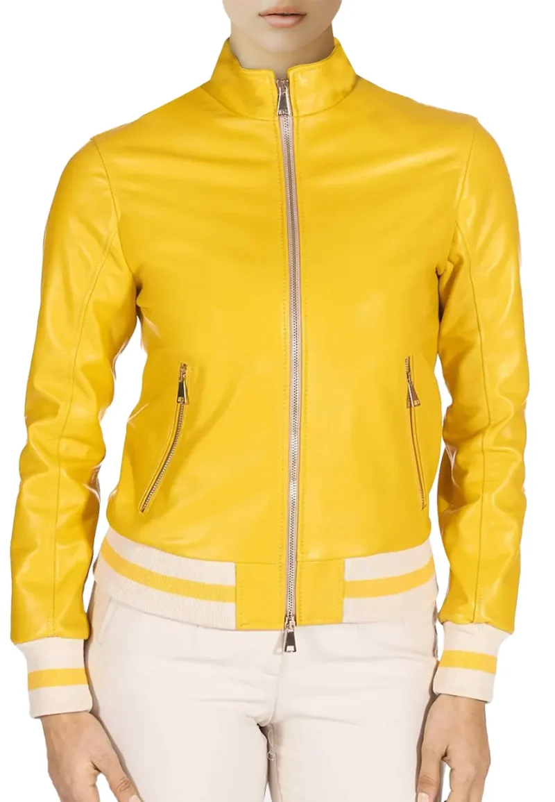 yellow leather bomber jacket
