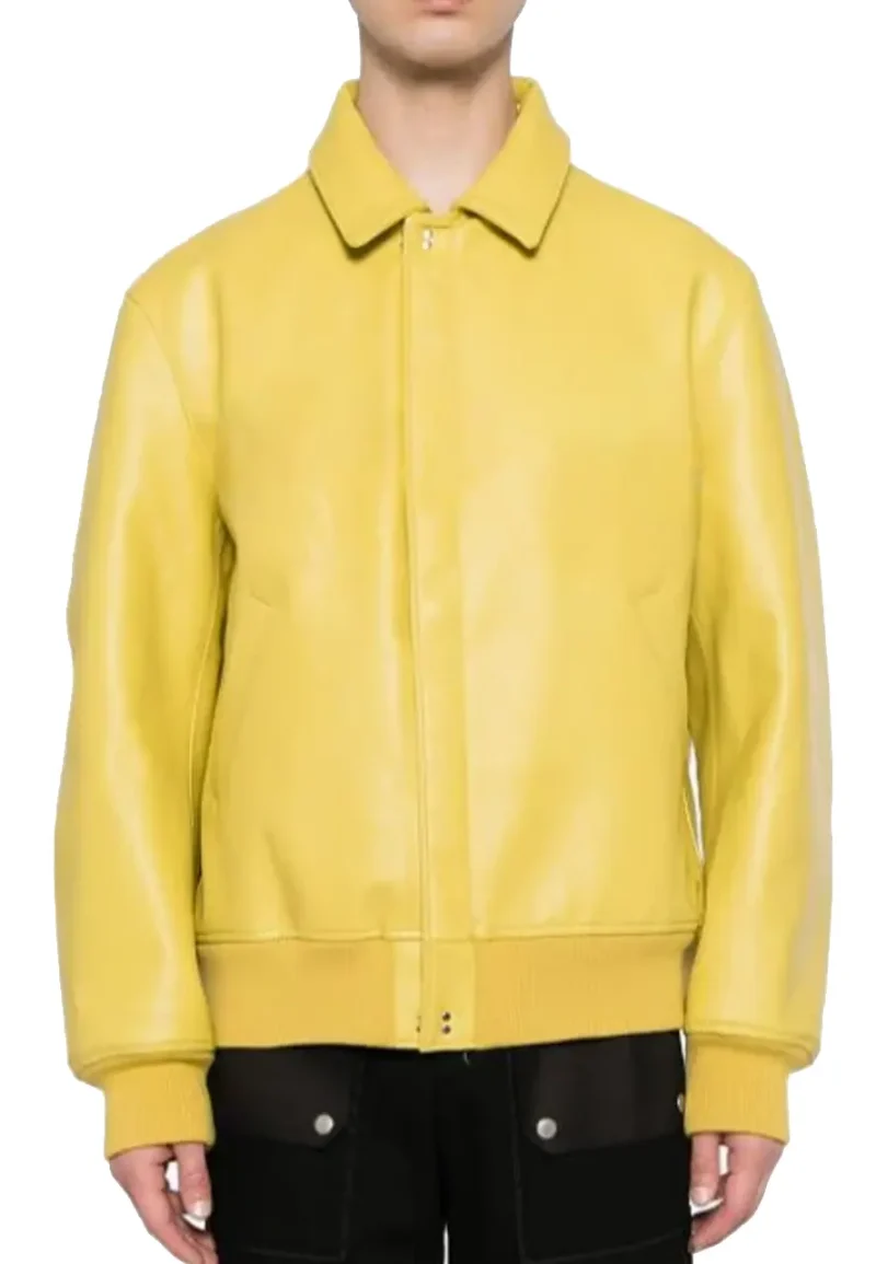 yellow leather bomber jacket