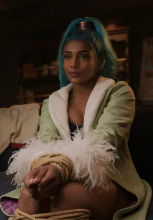 charithra chandran green coat