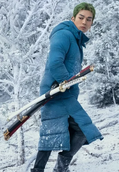 blue puffer coat