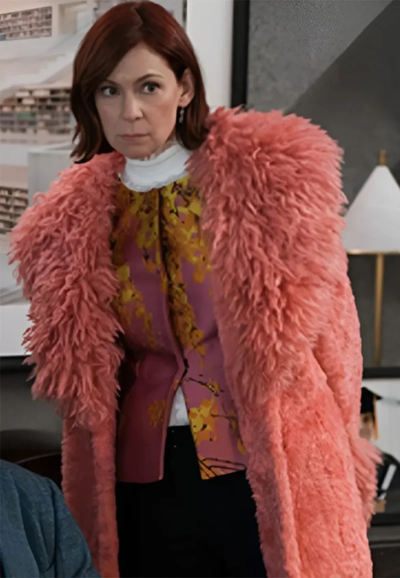 carrie preston pink faux fur long coat