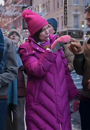 carrie preston purple puffer coat