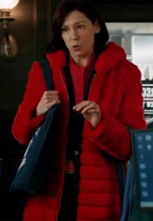 carrie preston red faux fur coat