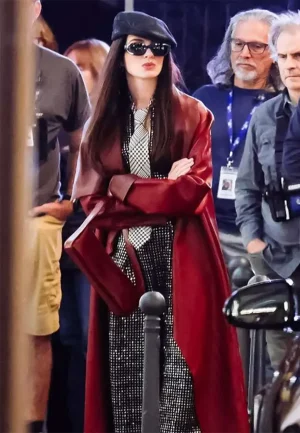 anne hathaway red leather coat