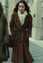 emilia clarke brown suede leather coat