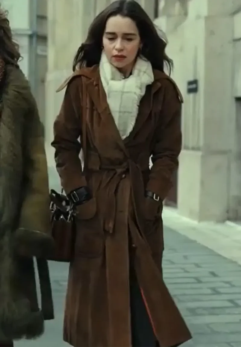 emilia clarke brown suede leather coat