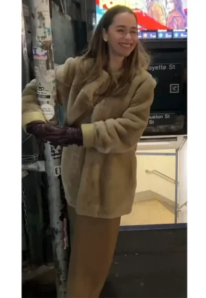 emilia clarke faux fur coat